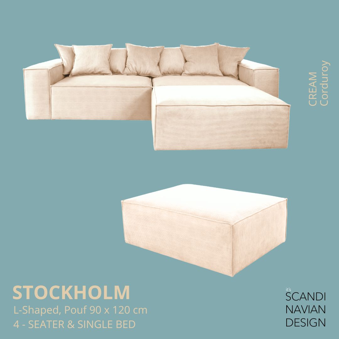 STOCKHOLM L- Shaped sofa/single bed  Corduroy Cream removable & washable cover