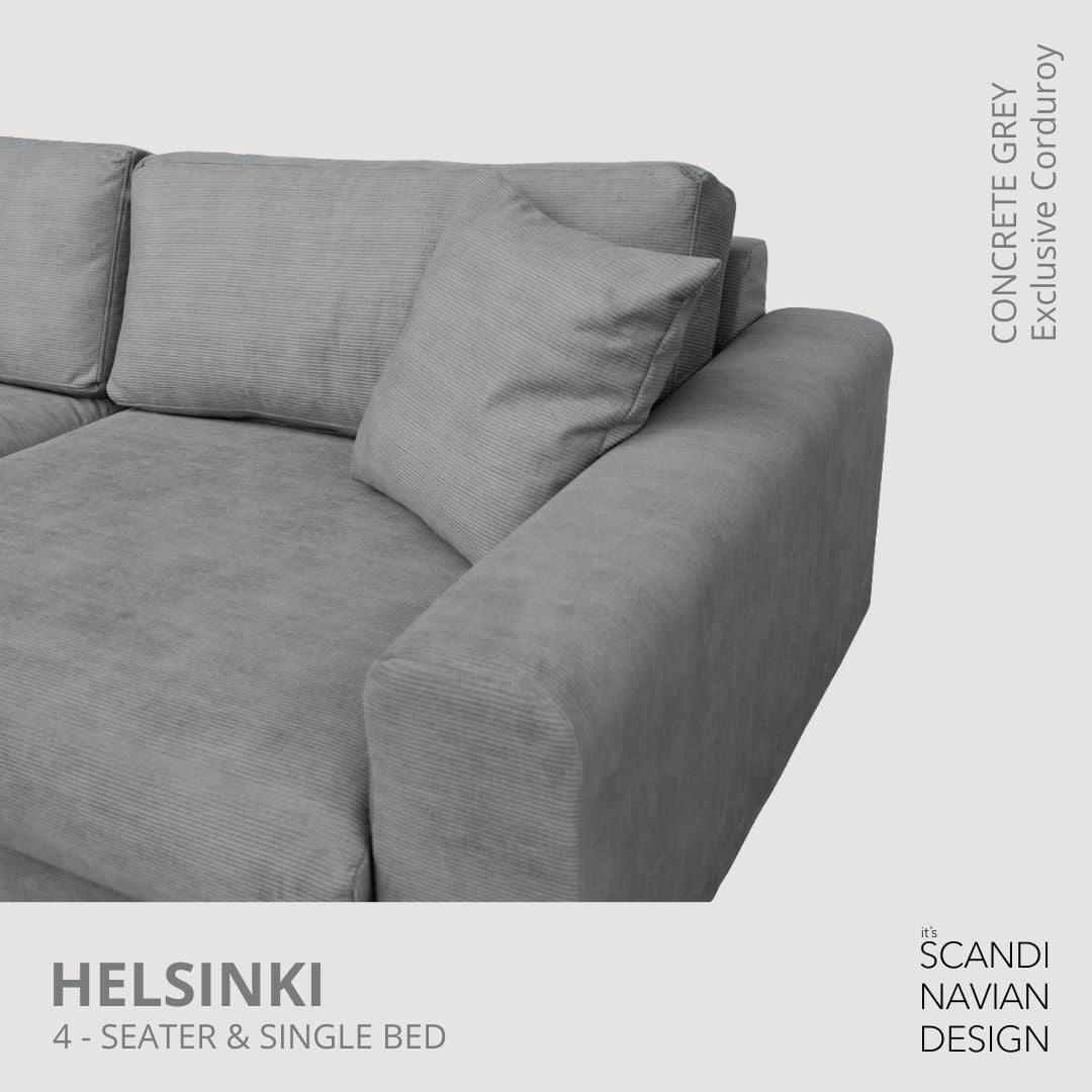 HELSINKI 4 - seater sofa/single bed, Exclusive Corduroy, Concrete Grey, removable & washable - Scandinavian Stories by Marton