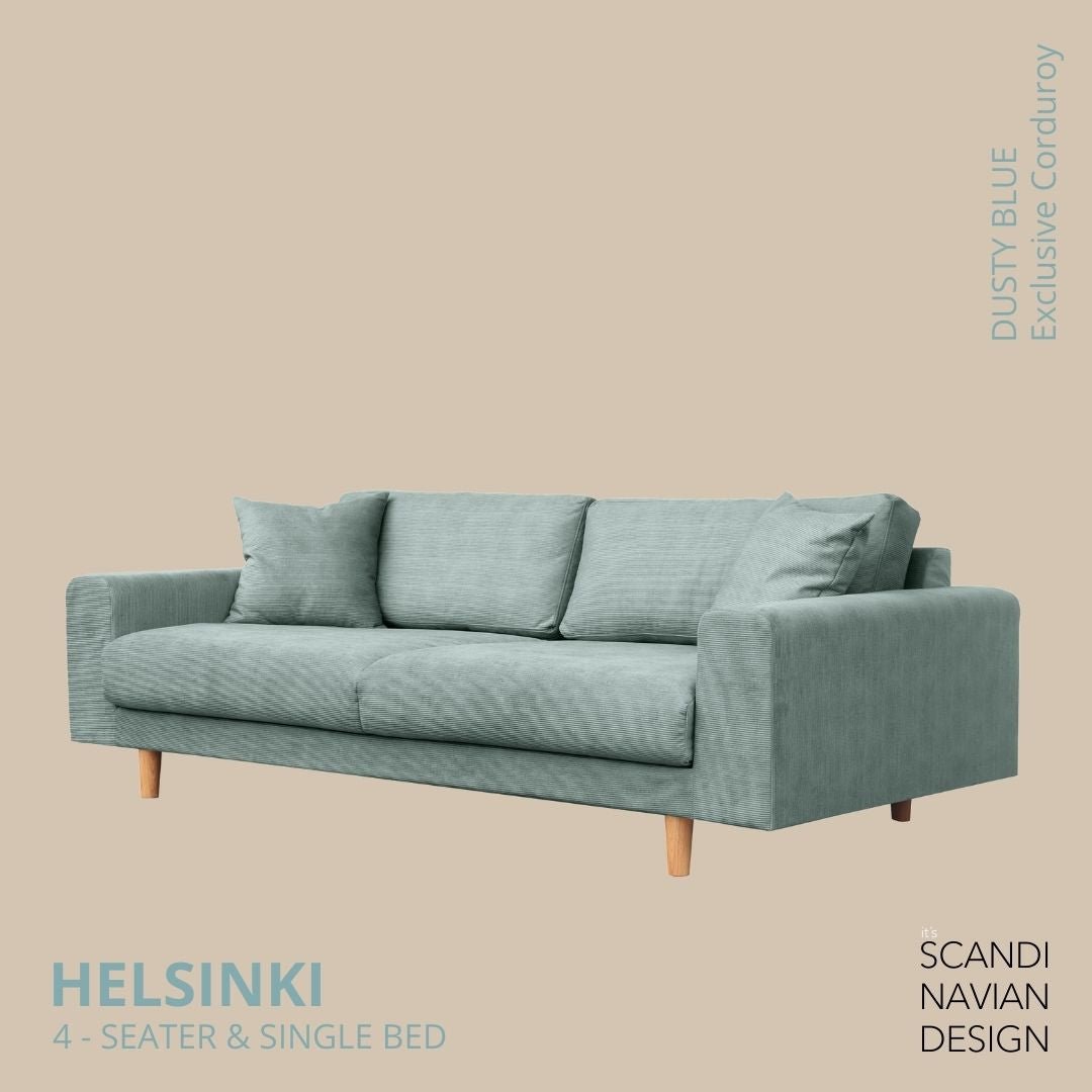 HELSINKI 4 - seater sofa/single bed, Exclusive Corduroy, Dusty Blue, removable & washable - Scandinavian Stories by Marton