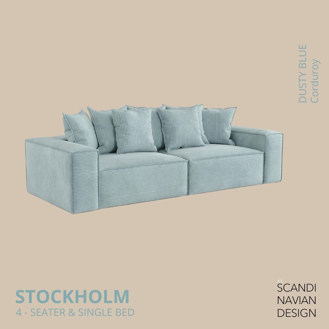 STOCKHOLM 4 - seater sofa/single bed Corduroy Dusty Blue removable & washable cover - Scandinavian Stories by Marton