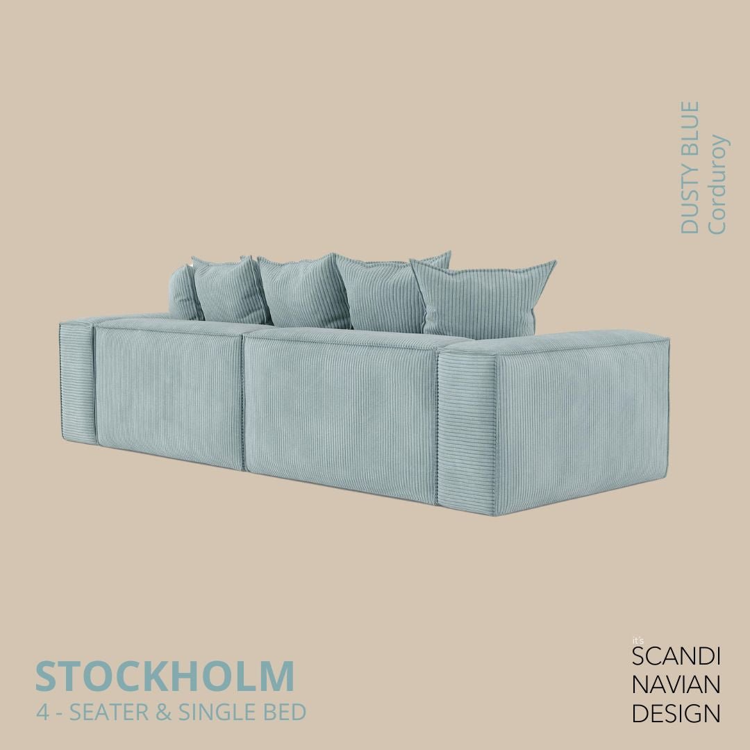 STOCKHOLM 4 - seater sofa/single bed Corduroy Dusty Blue removable & washable cover - Scandinavian Stories by Marton