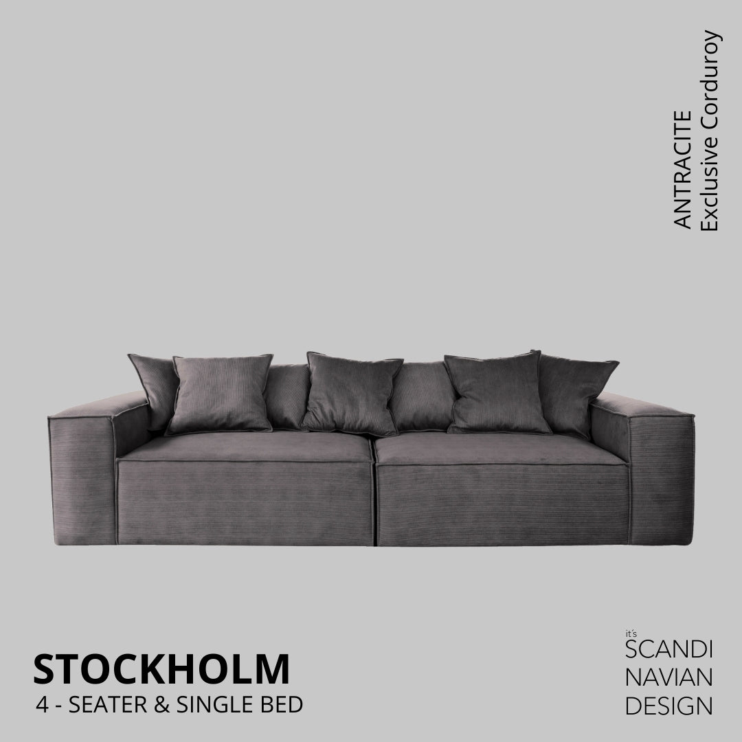 STOCKHOLM 4 - seater sofa/single bed Exclusive Corduroy, Antracite removable & washable cover - Scandinavian Stories by Marton