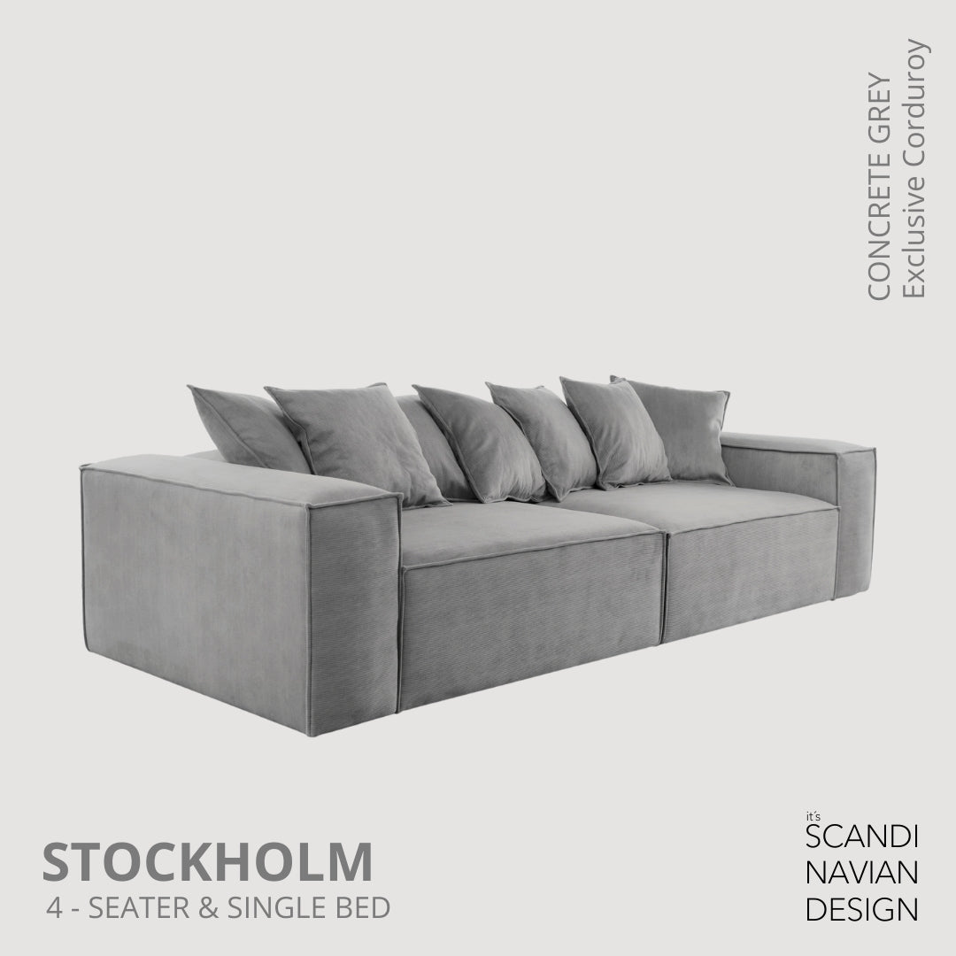 STOCKHOLM 4 - seater sofa/single bed Exclusive Corduroy, Concrete Grey removable & washable covers - Scandinavian Stories by Marton