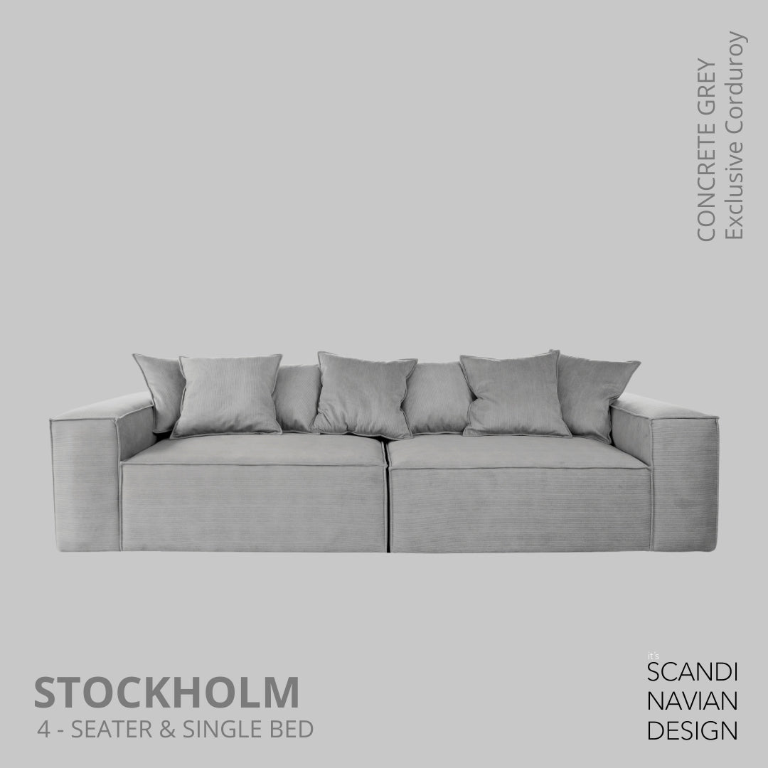 STOCKHOLM 4 - seater sofa/single bed Exclusive Corduroy, Concrete Grey removable & washable covers - Scandinavian Stories by Marton