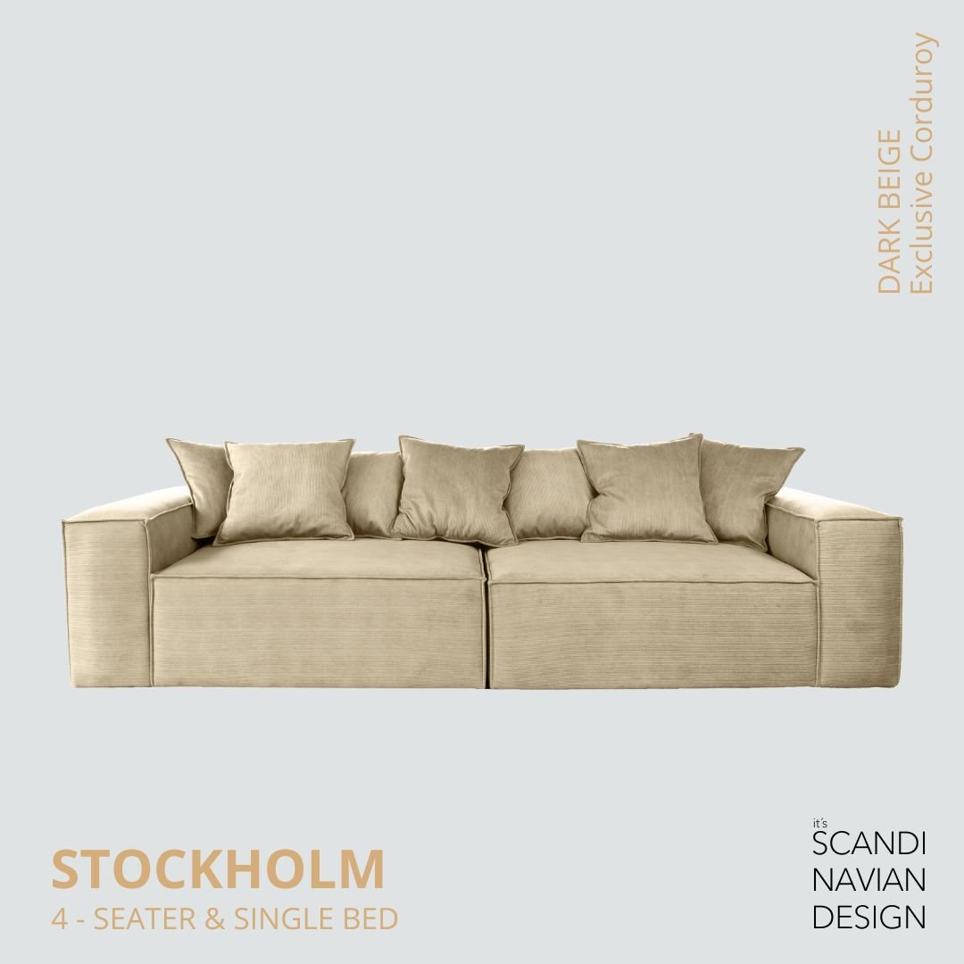 STOCKHOLM 4 - seater sofa/single bed Exclusive Corduroy, Dark Beige removable & washable covers - Scandinavian Stories by Marton