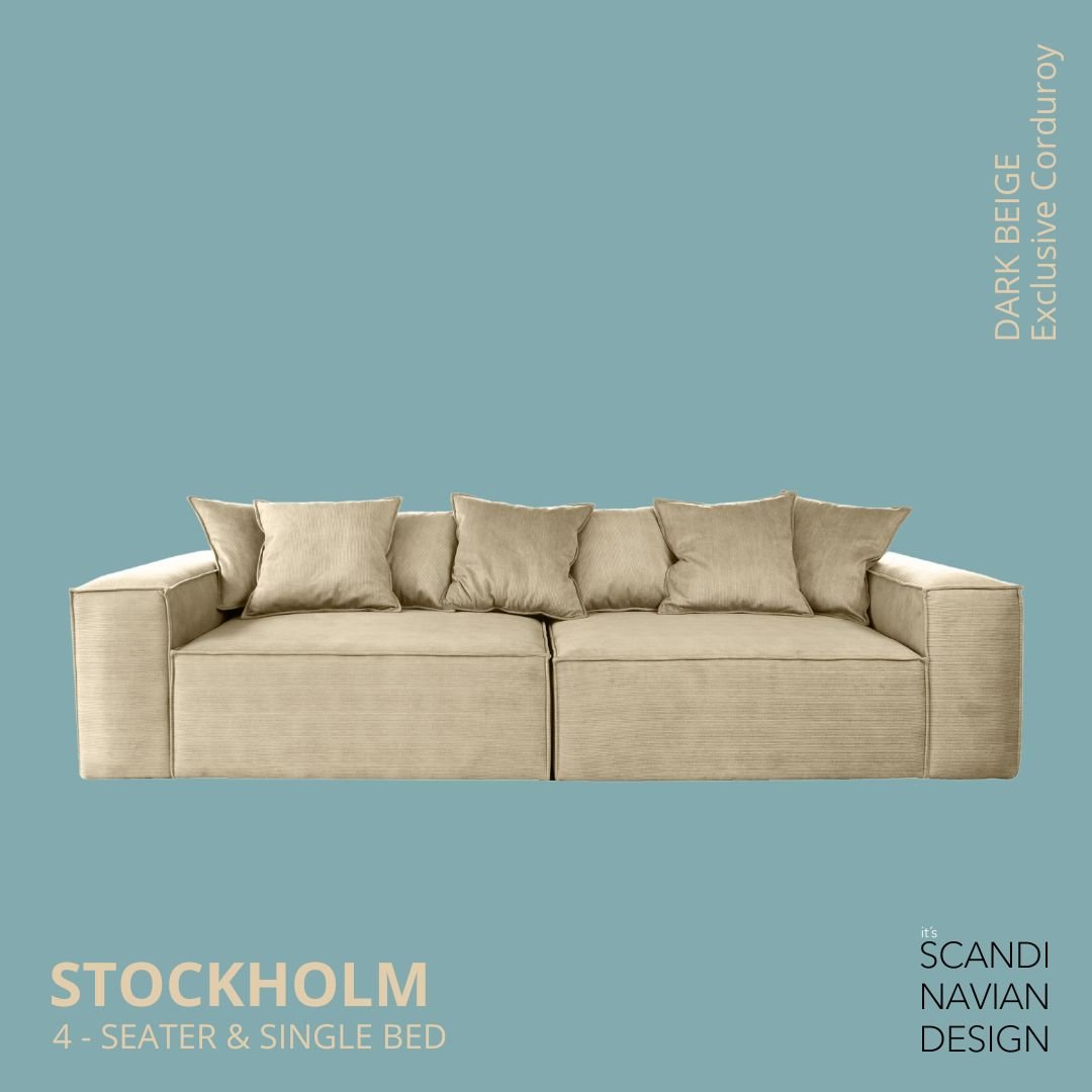 STOCKHOLM 4 - seater sofa/single bed Exclusive Corduroy, Dark Beige removable & washable covers - Scandinavian Stories by Marton