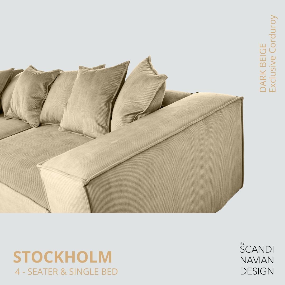 STOCKHOLM 4 - seater sofa/single bed Exclusive Corduroy, Dark Beige removable & washable covers - Scandinavian Stories by Marton