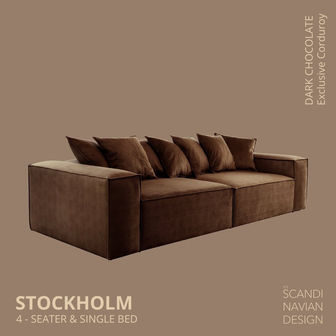 STOCKHOLM 4 - seater sofa/single bed Exclusive Corduroy Dark Chocolate removable & washable cover - Scandinavian Stories by Marton