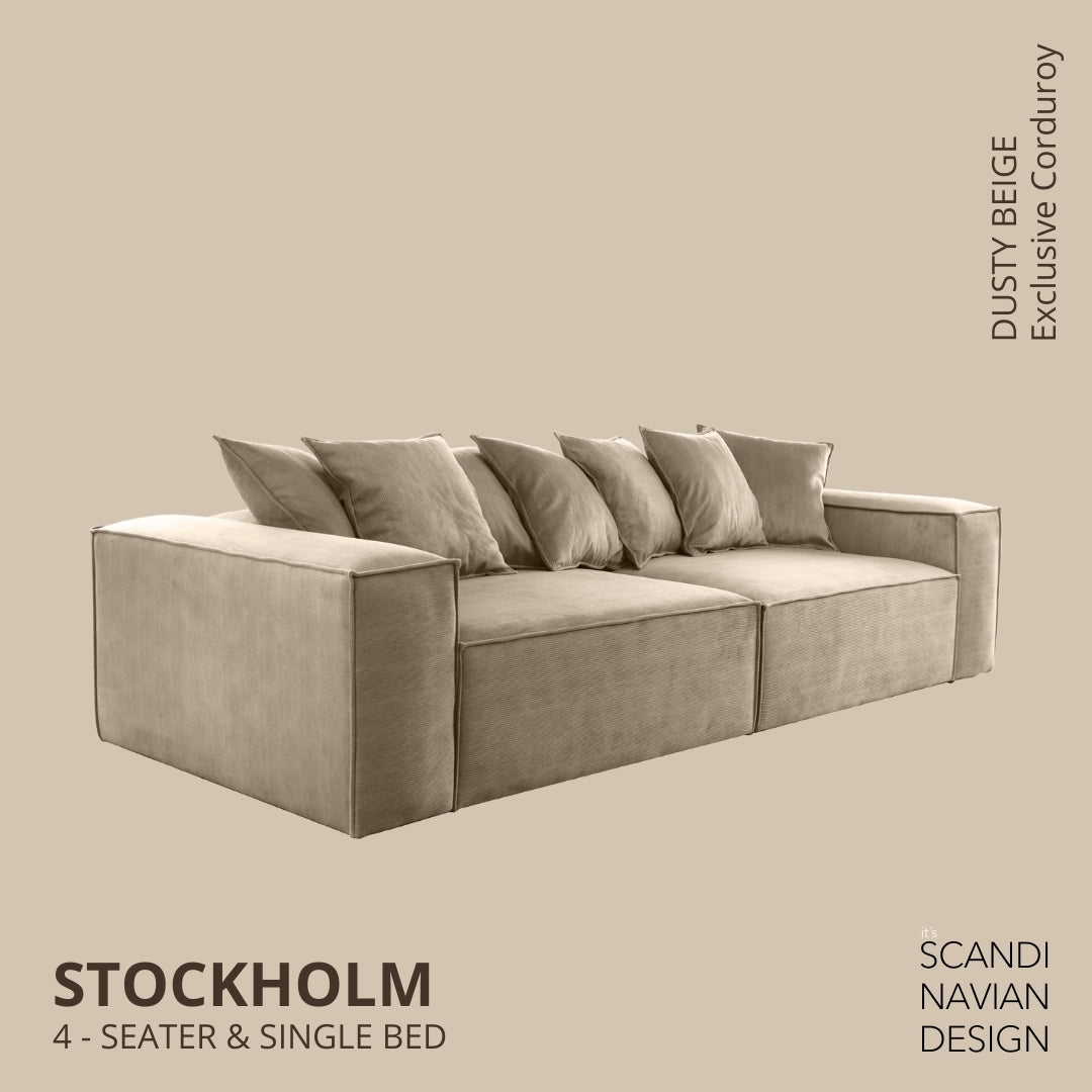 STOCKHOLM 4 - seater sofa/single bed Exclusive Corduroy Dusty Beige removable & washable cover - Scandinavian Stories by Marton