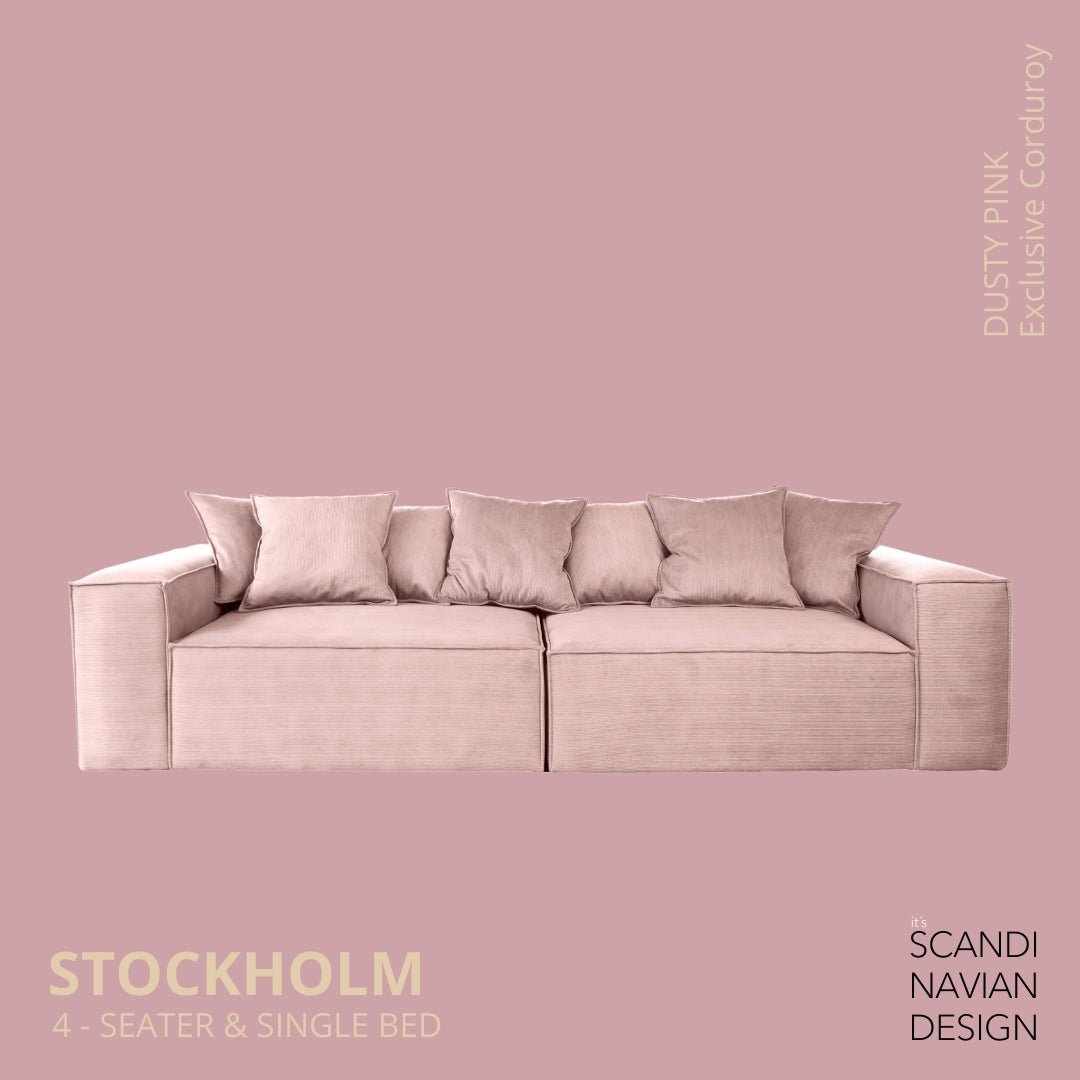 STOCKHOLM 4 - seater sofa/single bed Exclusive Corduroy, Dusty Pink removable & washable covers - Scandinavian Stories by Marton