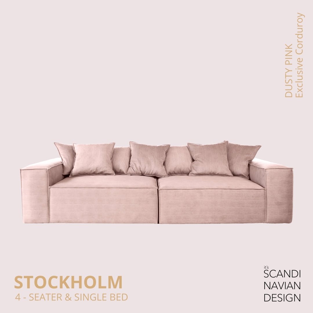 STOCKHOLM 4 - seater sofa/single bed Exclusive Corduroy, Dusty Pink removable & washable covers - Scandinavian Stories by Marton