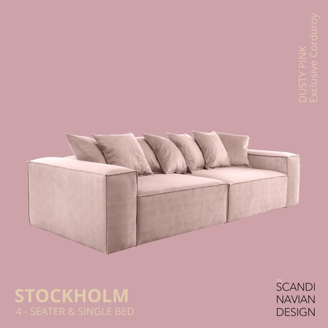 STOCKHOLM 4 - seater sofa/single bed Exclusive Corduroy, Dusty Pink removable & washable covers - Scandinavian Stories by Marton