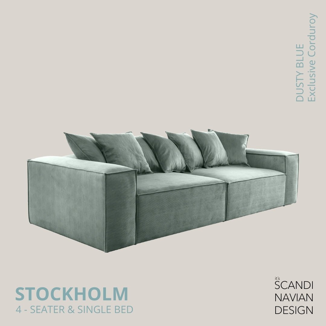 STOCKHOLM 4 - seater sofa/single bed Exclusive Corduroy,Dusty Blue removable & washable cover - Scandinavian Stories by Marton