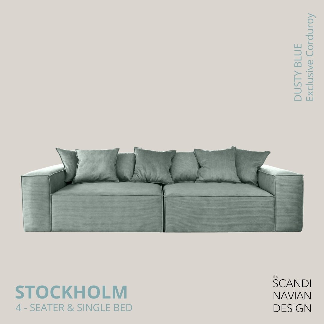 STOCKHOLM 4 - seater sofa/single bed Exclusive Corduroy,Dusty Blue removable & washable cover - Scandinavian Stories by Marton