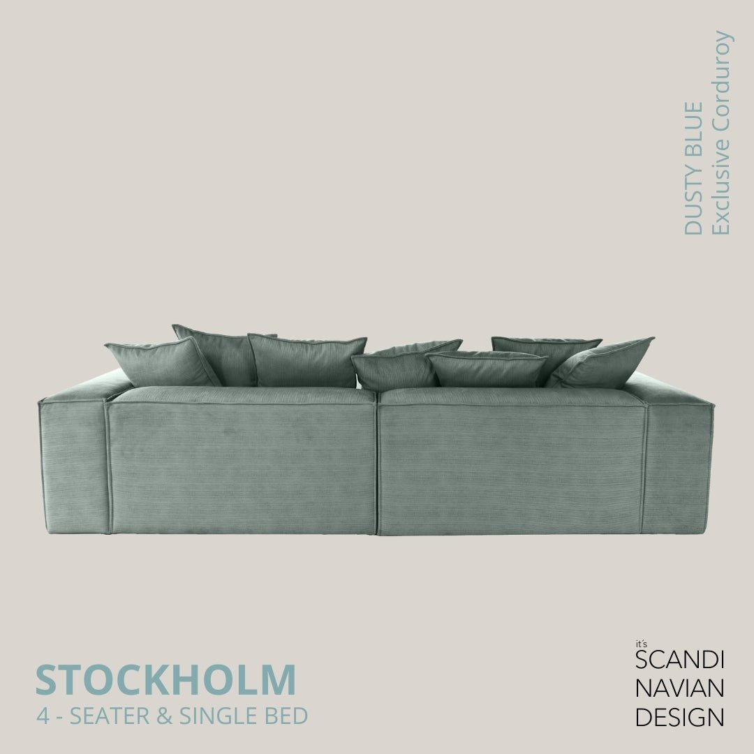 STOCKHOLM 4 - seater sofa/single bed Exclusive Corduroy,Dusty Blue removable & washable cover - Scandinavian Stories by Marton