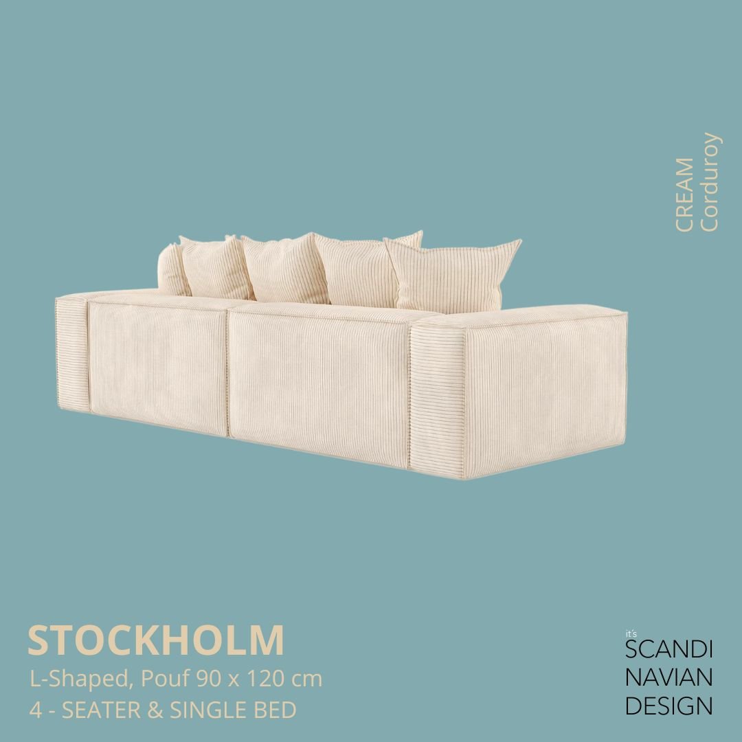 STOCKHOLM L - Shaped sofa/single bed Corduroy Cream removable & washable cover - Scandinavian Stories by Marton