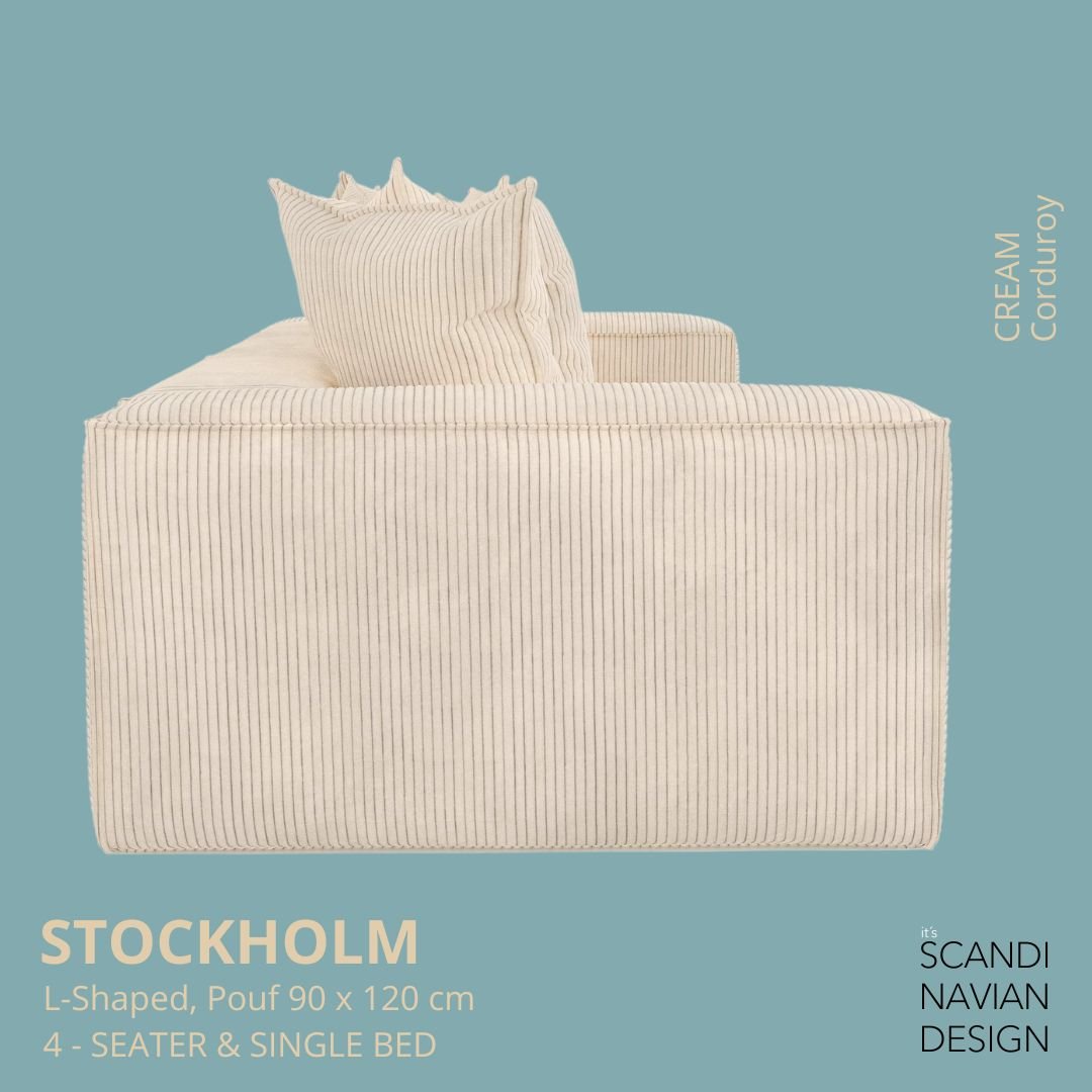 STOCKHOLM L - Shaped sofa/single bed Corduroy Cream removable & washable cover - Scandinavian Stories by Marton