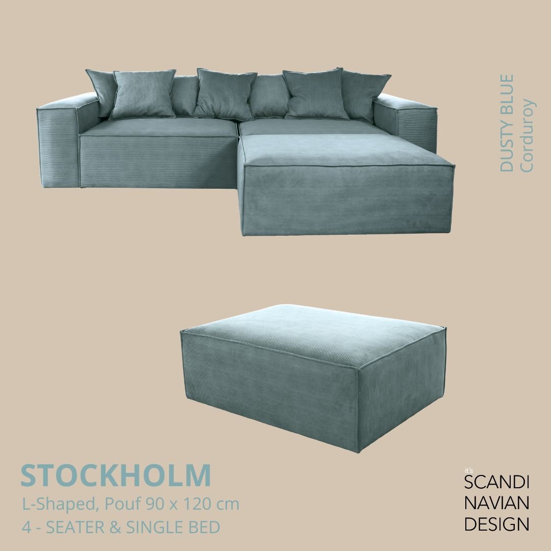 STOCKHOLM L - Shaped sofa/single bed Corduroy Dusty Blue removable & washable cover - Scandinavian Stories by Marton