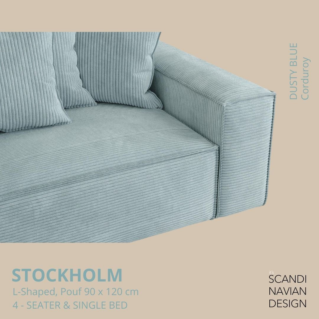 STOCKHOLM L - Shaped sofa/single bed Corduroy Dusty Blue removable & washable cover - Scandinavian Stories by Marton