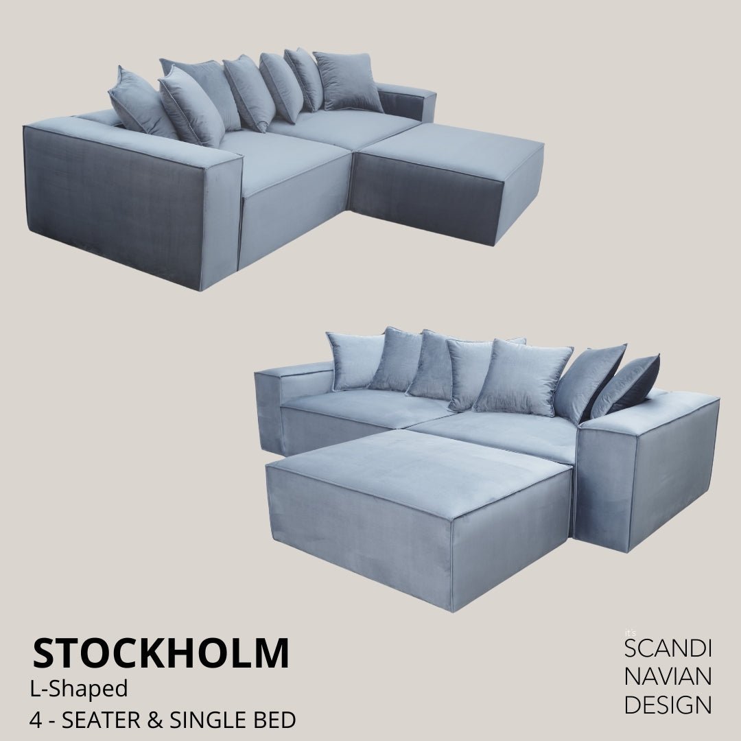 STOCKHOLM L - Shaped sofa/single bed Corduroy Dusty Blue removable & washable cover - Scandinavian Stories by Marton