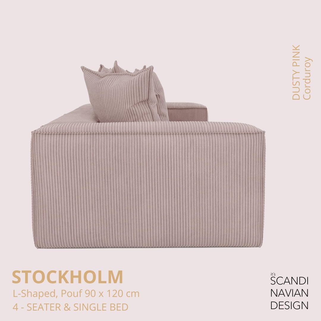 STOCKHOLM L - Shaped sofa/single bed Corduroy Dusty Pink removable & washable cover - Scandinavian Stories by Marton