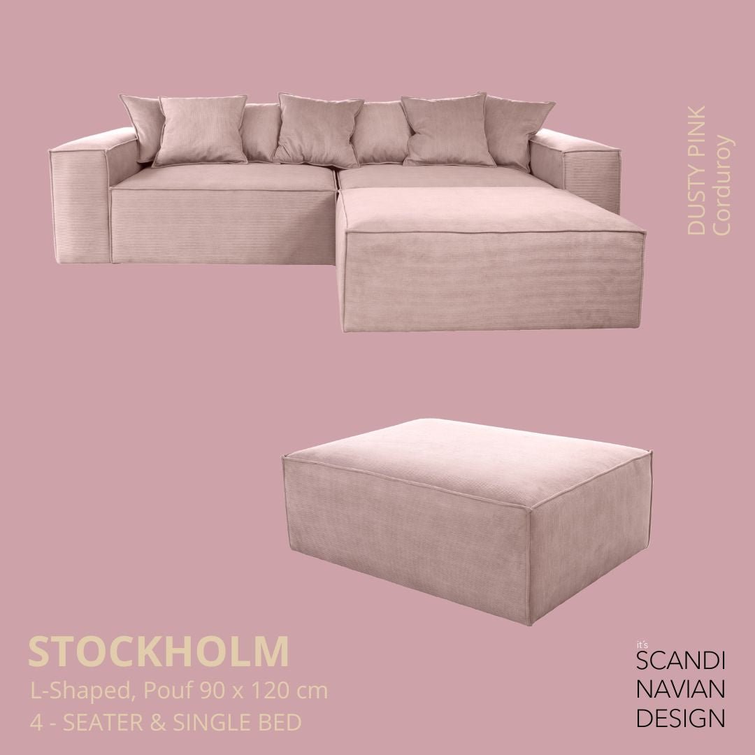 STOCKHOLM L - Shaped sofa/single bed Corduroy Dusty Pink removable & washable cover - Scandinavian Stories by Marton