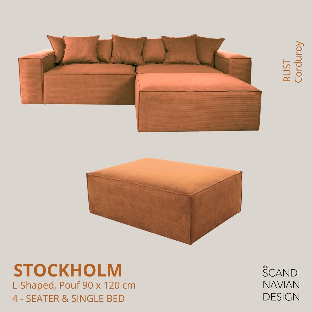 STOCKHOLM L - Shaped sofa/single bed Corduroy Rust removable & washable cover - Scandinavian Stories by Marton