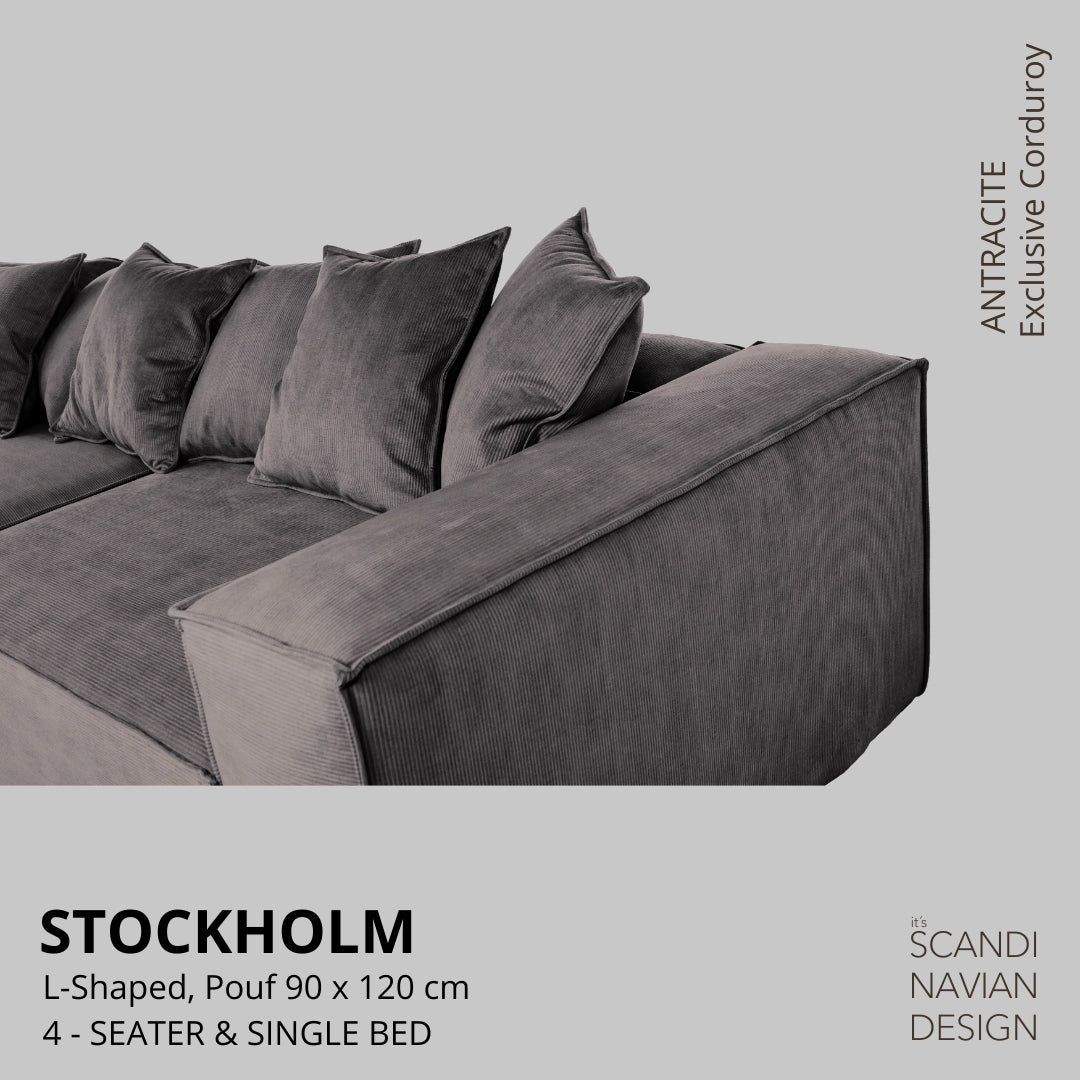 STOCKHOLM L - Shaped sofa/single bed Exclusive Corduroy Antracite removable & washable cover - Scandinavian Stories by Marton