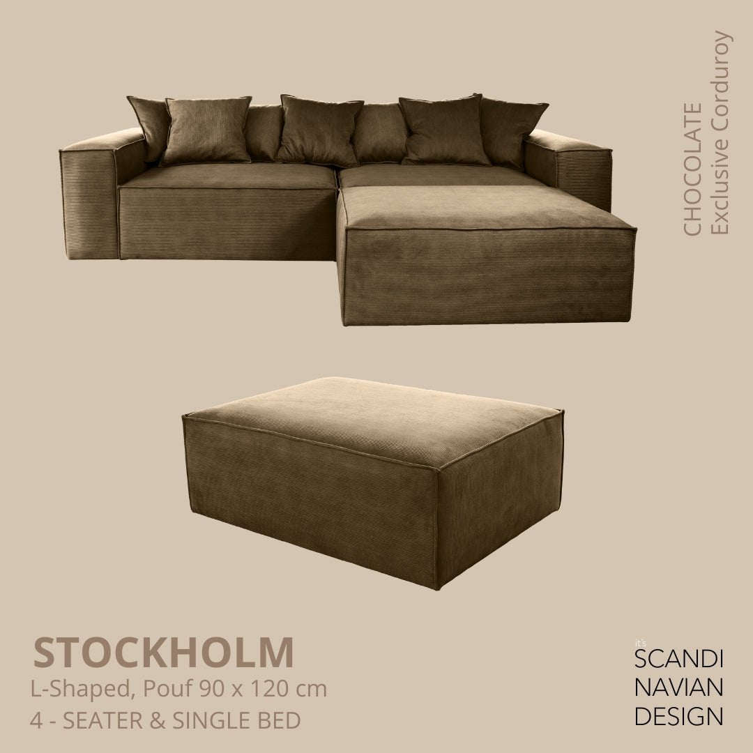 STOCKHOLM L - Shaped sofa/single bed Exclusive Corduroy Chocolate removable & washable cover - Scandinavian Stories by Marton