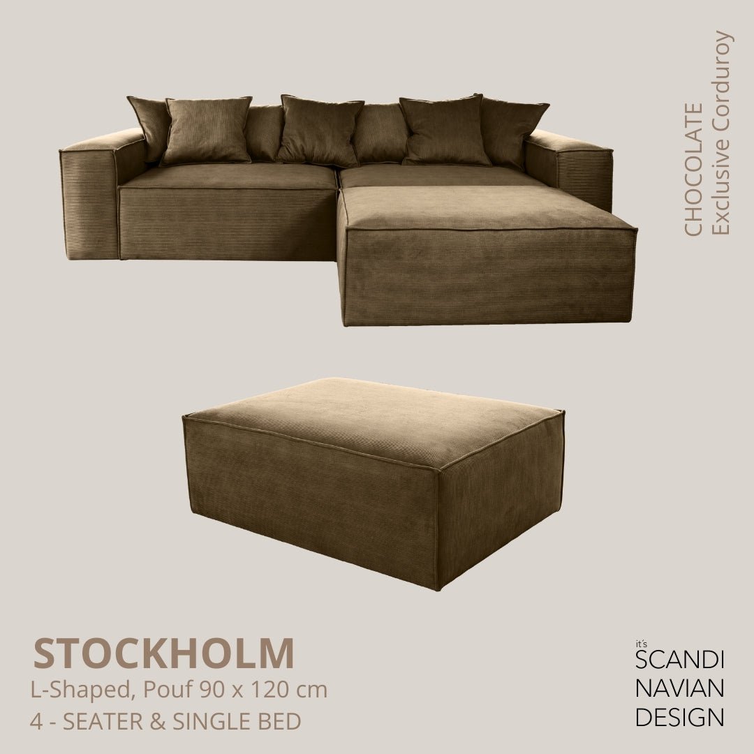 STOCKHOLM L - Shaped sofa/single bed Exclusive Corduroy Chocolate removable & washable cover - Scandinavian Stories by Marton