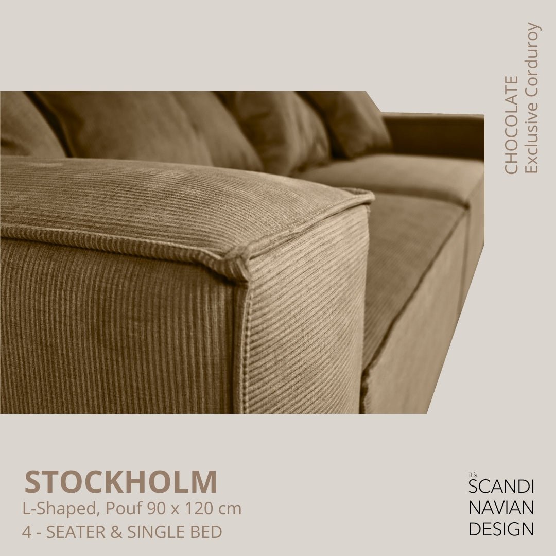 STOCKHOLM L - Shaped sofa/single bed Exclusive Corduroy Chocolate removable & washable cover - Scandinavian Stories by Marton