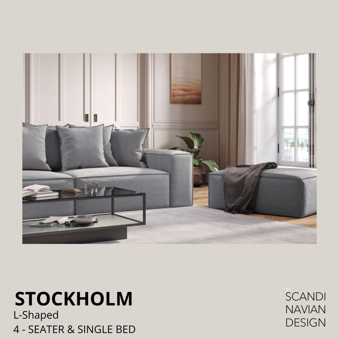 STOCKHOLM L - Shaped sofa/single bed Exclusive Corduroy Concrete Grey removable & washable cover - Scandinavian Stories by Marton