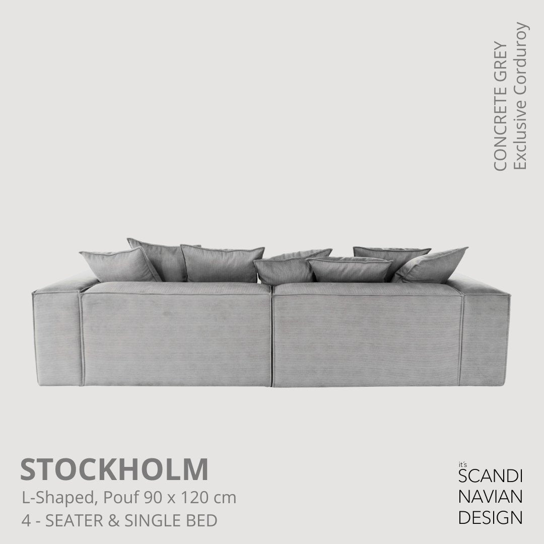 STOCKHOLM L - Shaped sofa/single bed Exclusive Corduroy Concrete Grey removable & washable cover - Scandinavian Stories by Marton