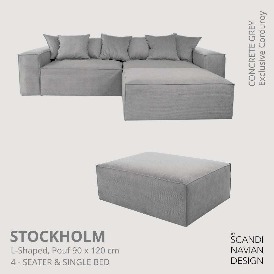 STOCKHOLM L - Shaped sofa/single bed Exclusive Corduroy Concrete Grey removable & washable cover - Scandinavian Stories by Marton