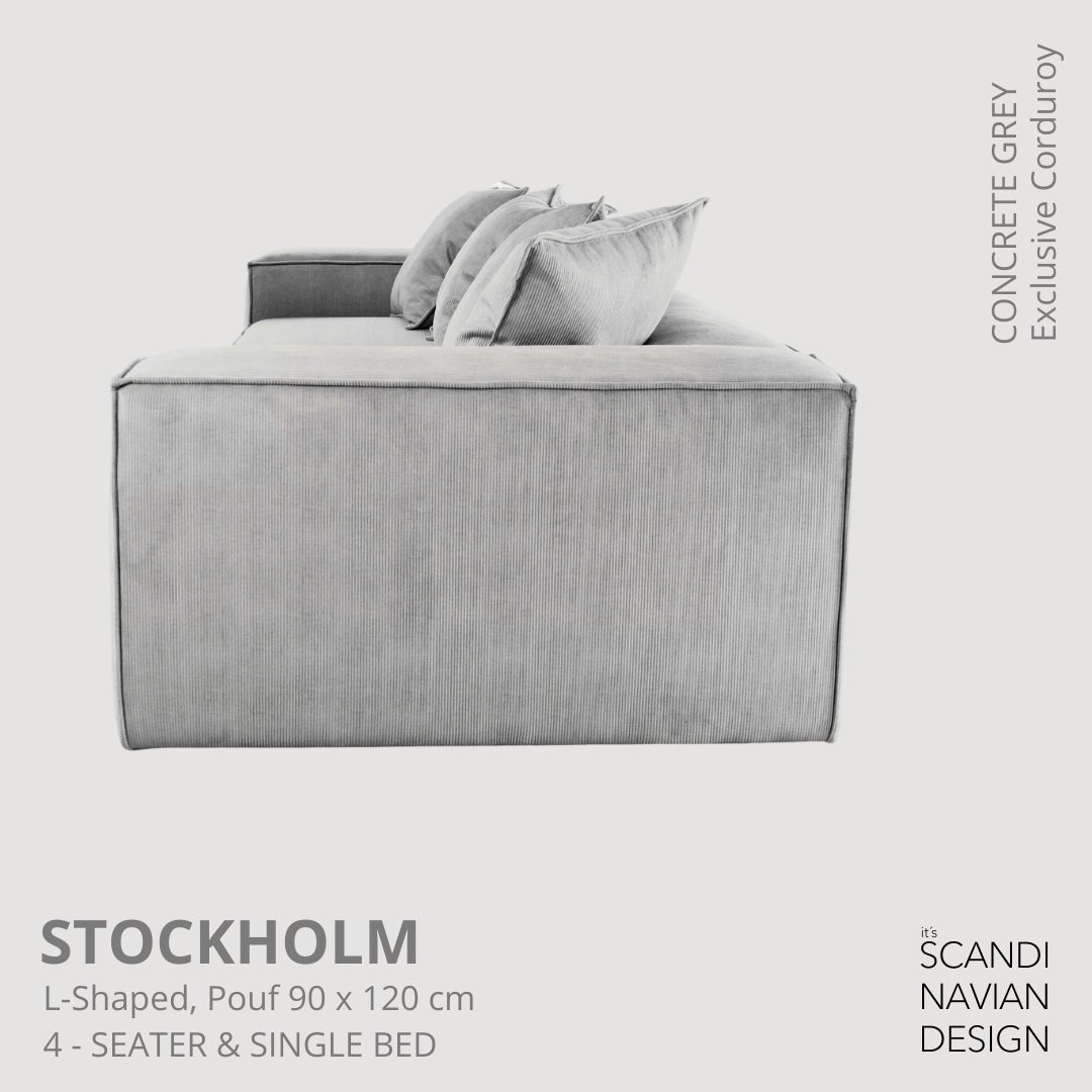 STOCKHOLM L - Shaped sofa/single bed Exclusive Corduroy Concrete Grey removable & washable cover - Scandinavian Stories by Marton