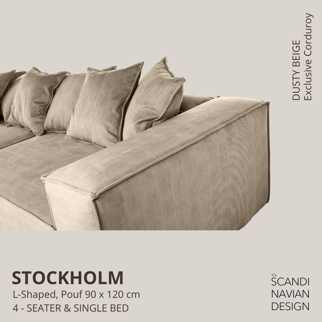 STOCKHOLM L - Shaped sofa/single bed Exclusive Corduroy Dusty Beige removable & washable cover - Scandinavian Stories by Marton