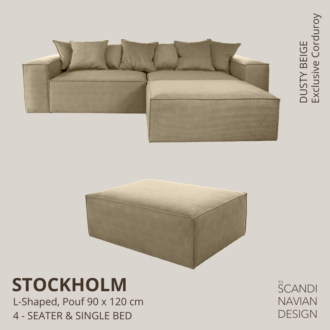 STOCKHOLM L - Shaped sofa/single bed Exclusive Corduroy Dusty Beige removable & washable cover - Scandinavian Stories by Marton