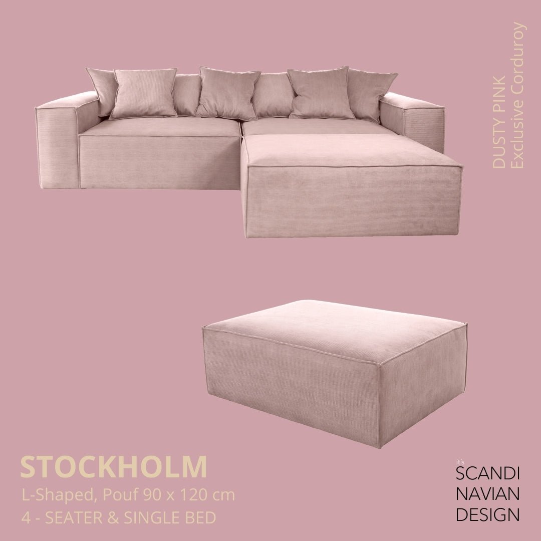 STOCKHOLM L - Shaped sofa/single bed Exclusive Corduroy Dusty Pink removable & washable cover - Scandinavian Stories by Marton