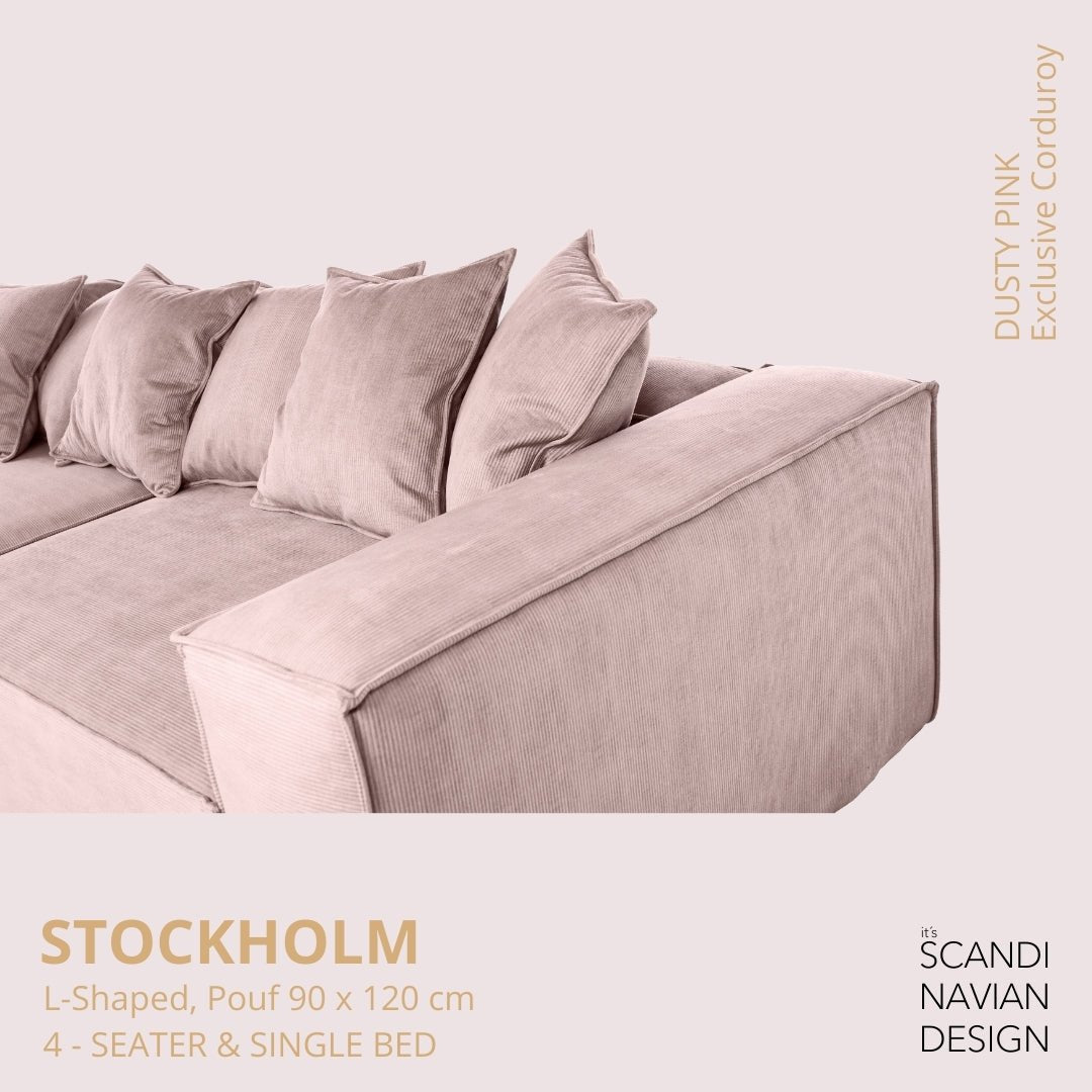 STOCKHOLM L - Shaped sofa/single bed Exclusive Corduroy Dusty Pink removable & washable cover - Scandinavian Stories by Marton