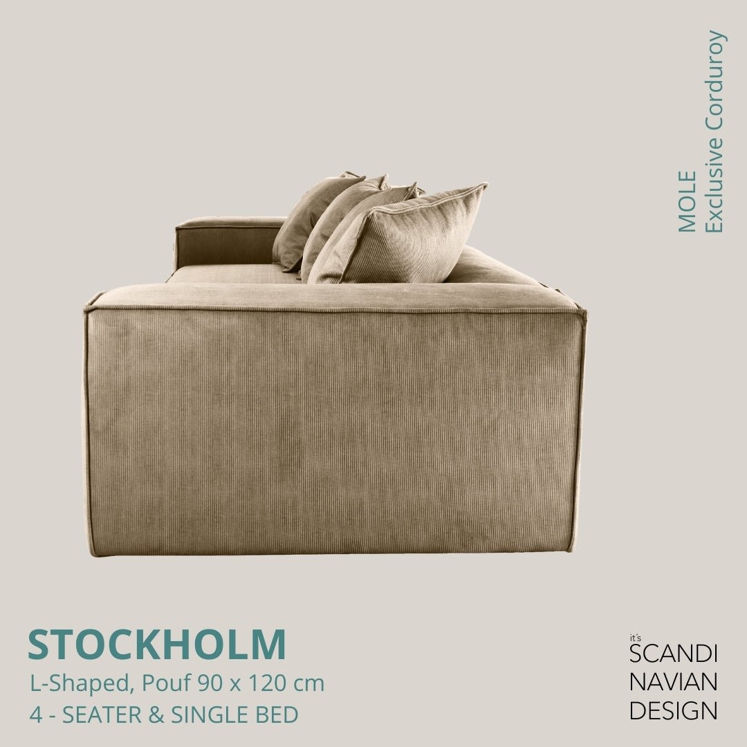 STOCKHOLM L - Shaped sofa/single bed Exclusive Corduroy Mole removable & washable cover - Scandinavian Stories by Marton