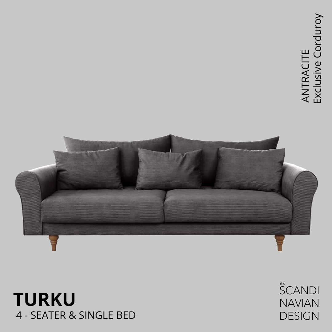 TURKU 4 - seater sofa/single bed Exclusive Corduroy, Antracite removable & washable covers - Scandinavian Stories by Marton