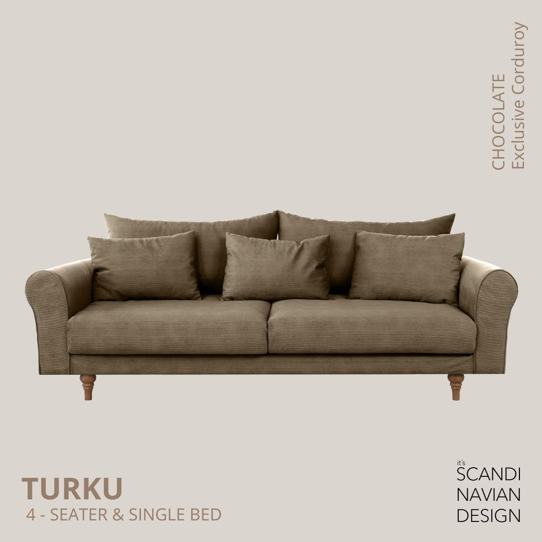 TURKU 4 - seater sofa/single bed Exclusive Corduroy, Chocolate removable & washable covers - Scandinavian Stories by Marton