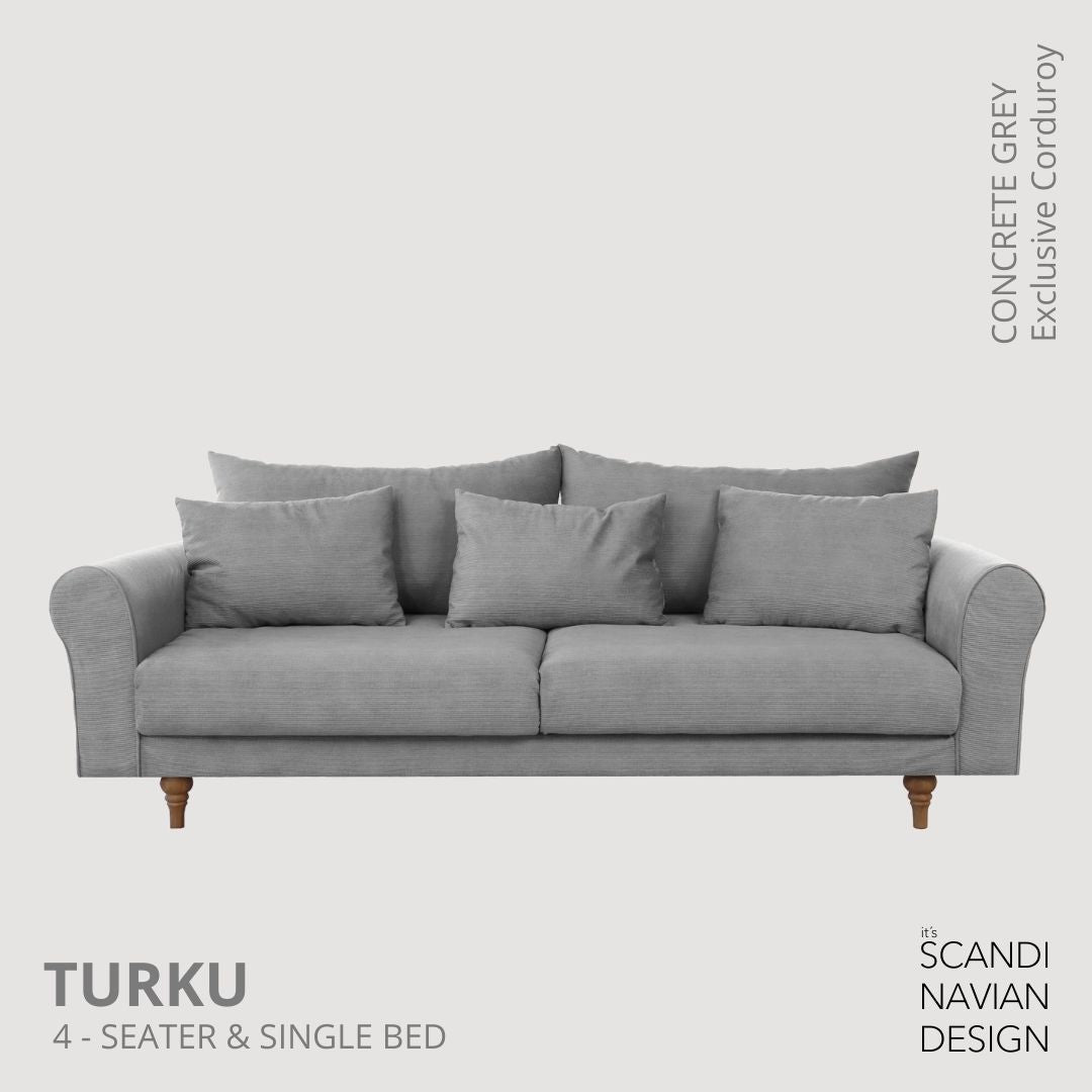 TURKU 4 - seater sofa/single bed Exclusive Corduroy, Concrete Grey removable & washable covers - Scandinavian Stories by Marton