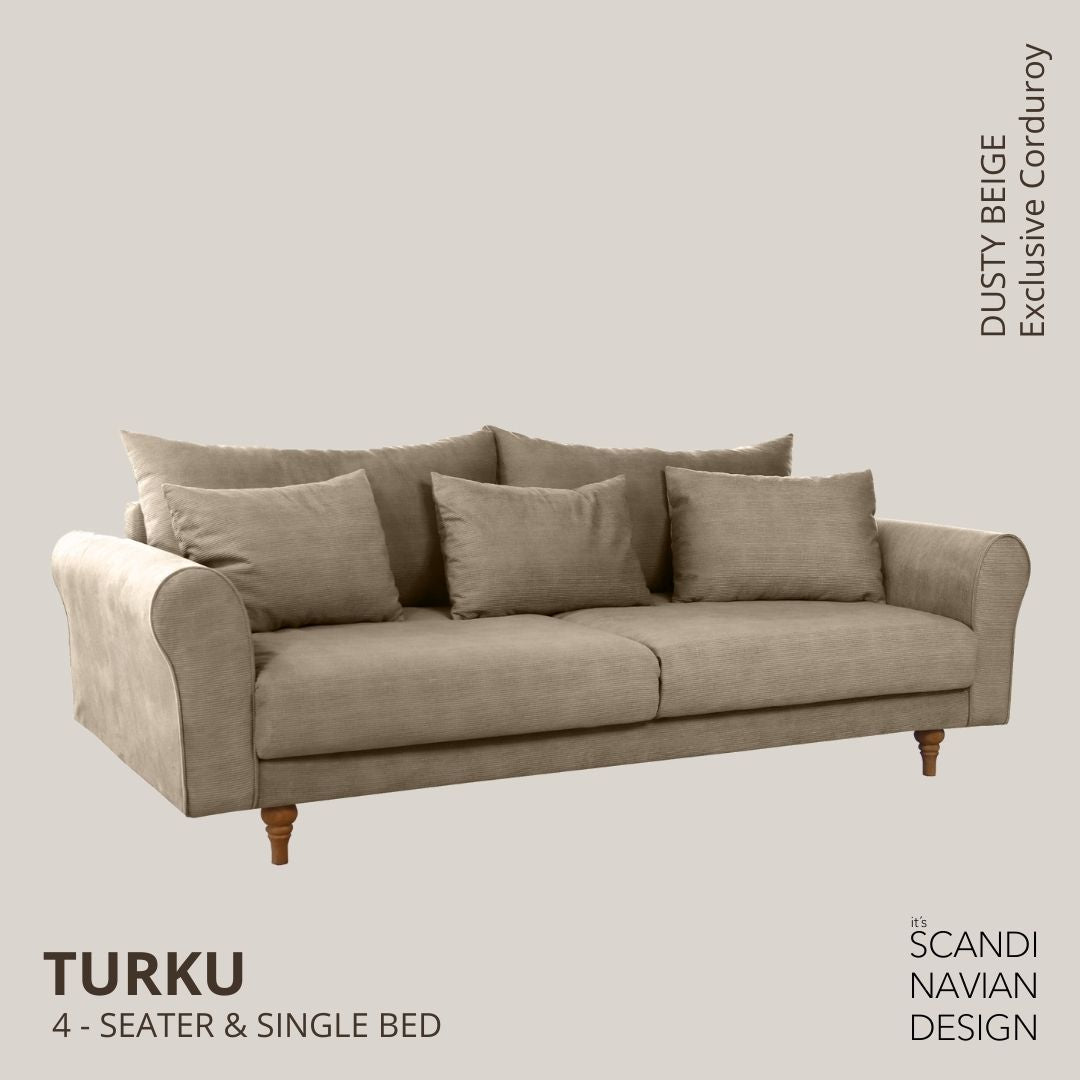 TURKU 4 - seater sofa/single bed Exclusive Corduroy, Dusty Beige removable & washable covers - Scandinavian Stories by Marton