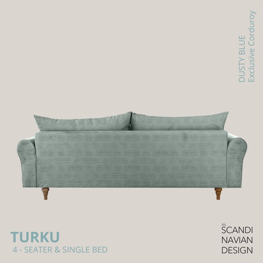 TURKU 4 - seater sofa/single bed Exclusive Corduroy, Dusty Blue removable & washable covers - Scandinavian Stories by Marton