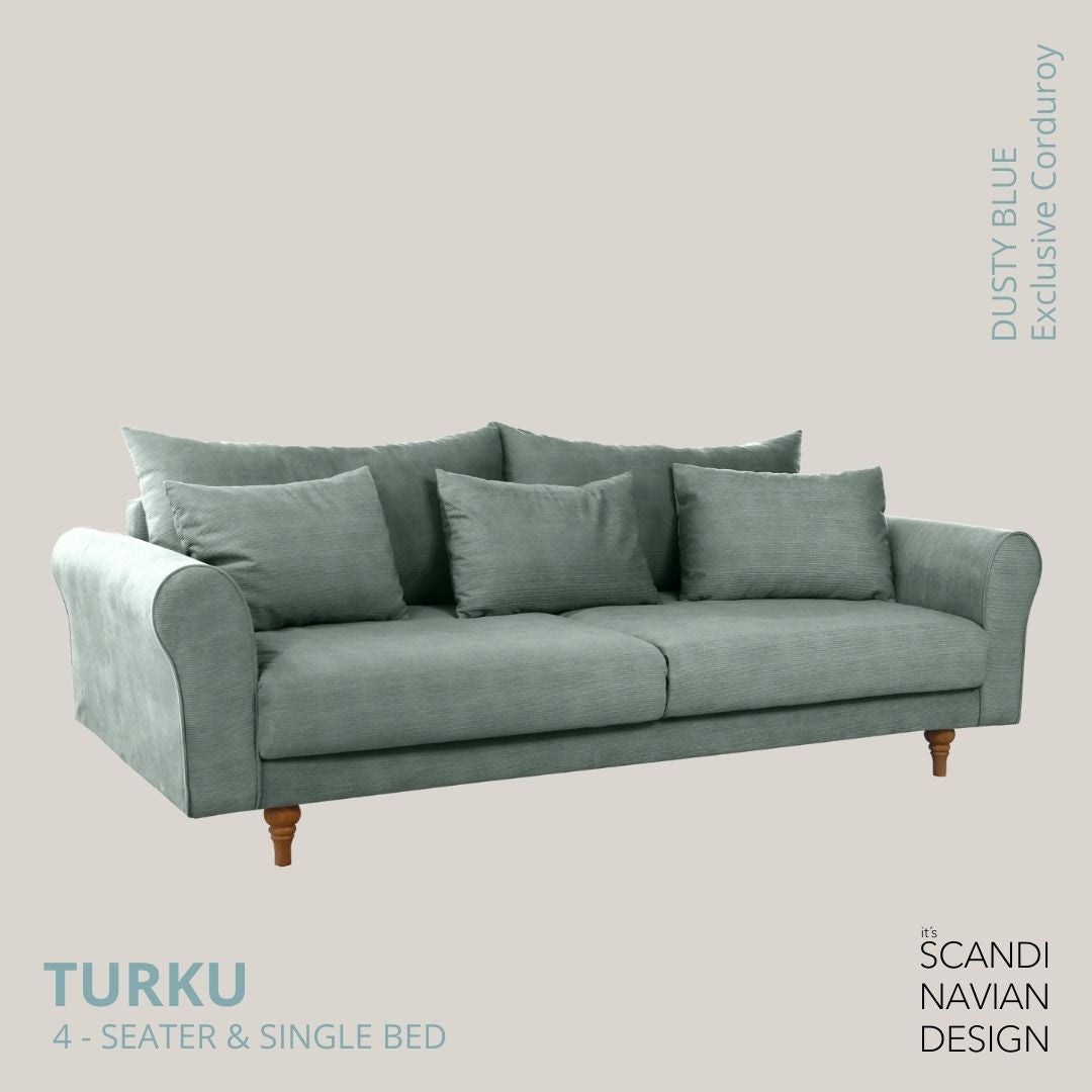 TURKU 4 - seater sofa/single bed Exclusive Corduroy, Dusty Blue removable & washable covers - Scandinavian Stories by Marton