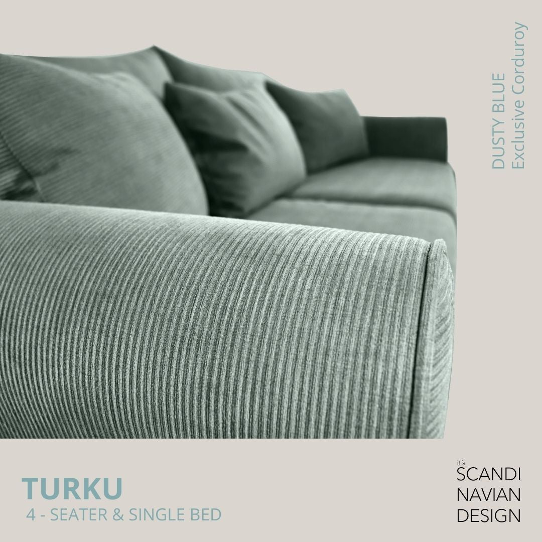 TURKU 4 - seater sofa/single bed Exclusive Corduroy, Dusty Blue removable & washable covers - Scandinavian Stories by Marton