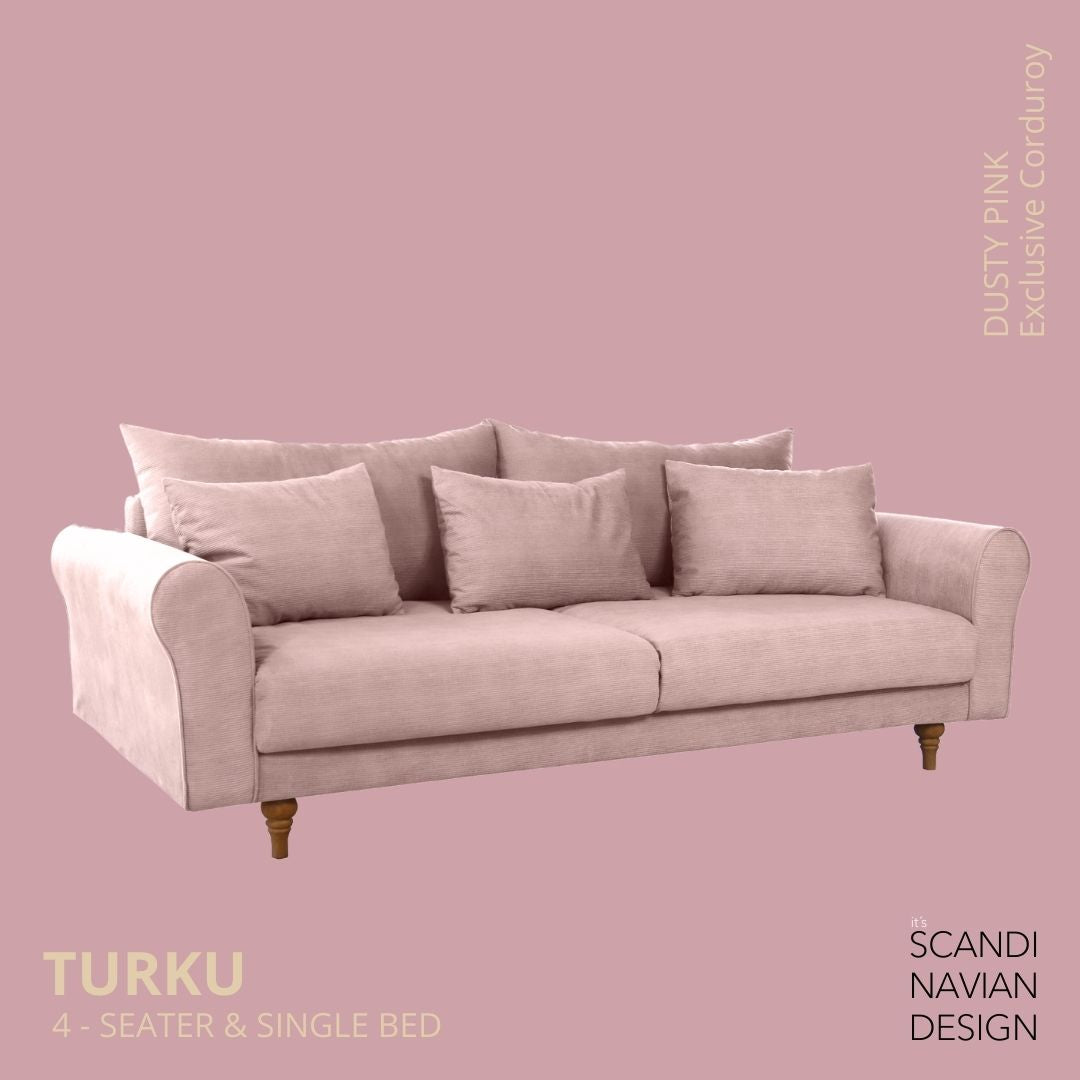 TURKU 4 - seater sofa/single bed Exclusive Corduroy, Dusty Pink removable & washable covers - Scandinavian Stories by Marton