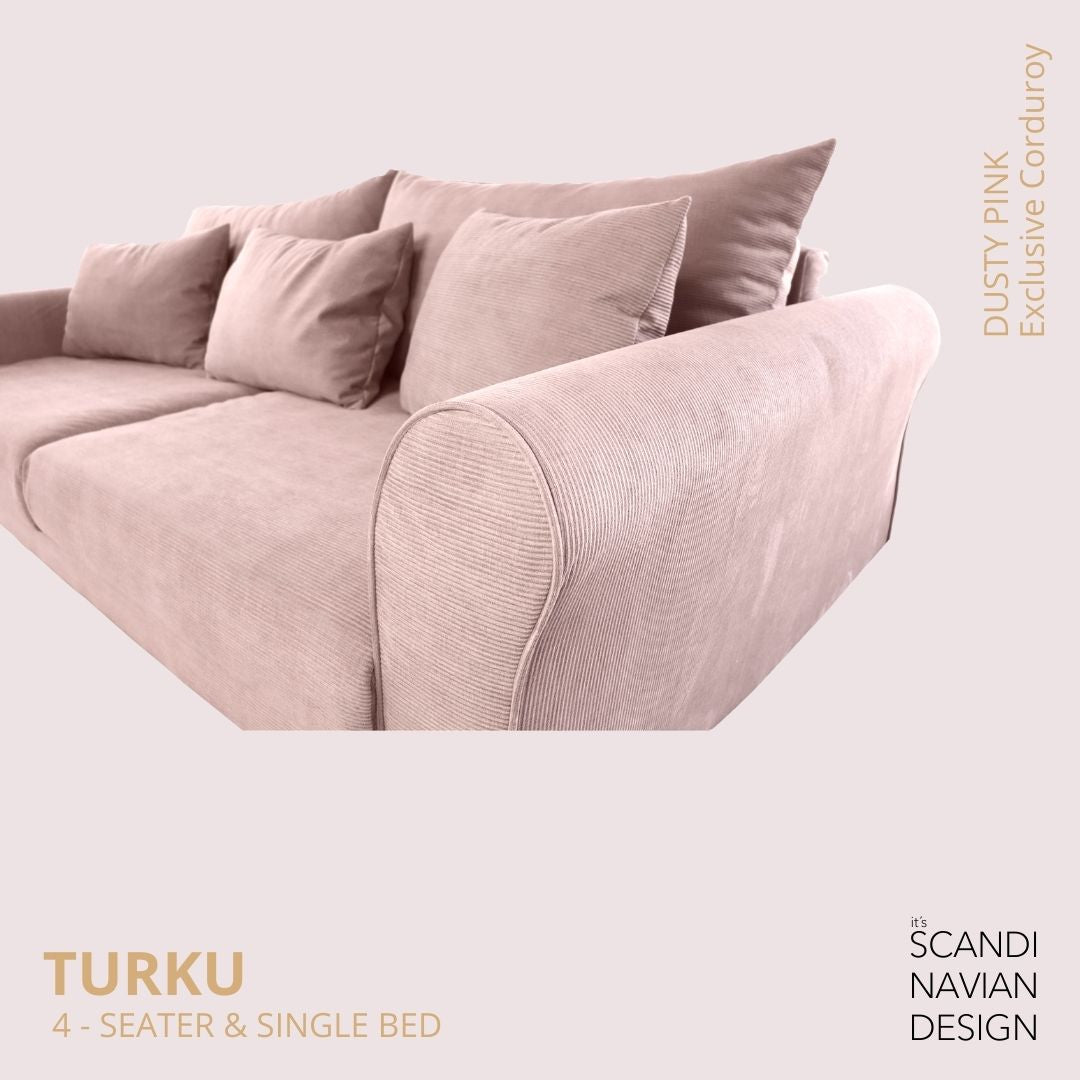 TURKU 4 - seater sofa/single bed Exclusive Corduroy, Dusty Pink removable & washable covers - Scandinavian Stories by Marton