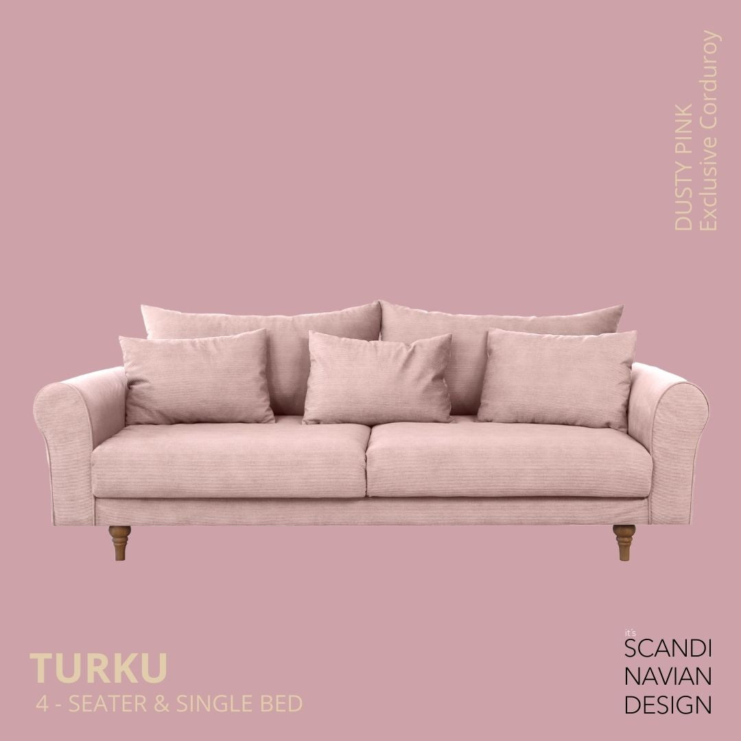 TURKU 4 - seater sofa/single bed Exclusive Corduroy, Dusty Pink removable & washable covers - Scandinavian Stories by Marton